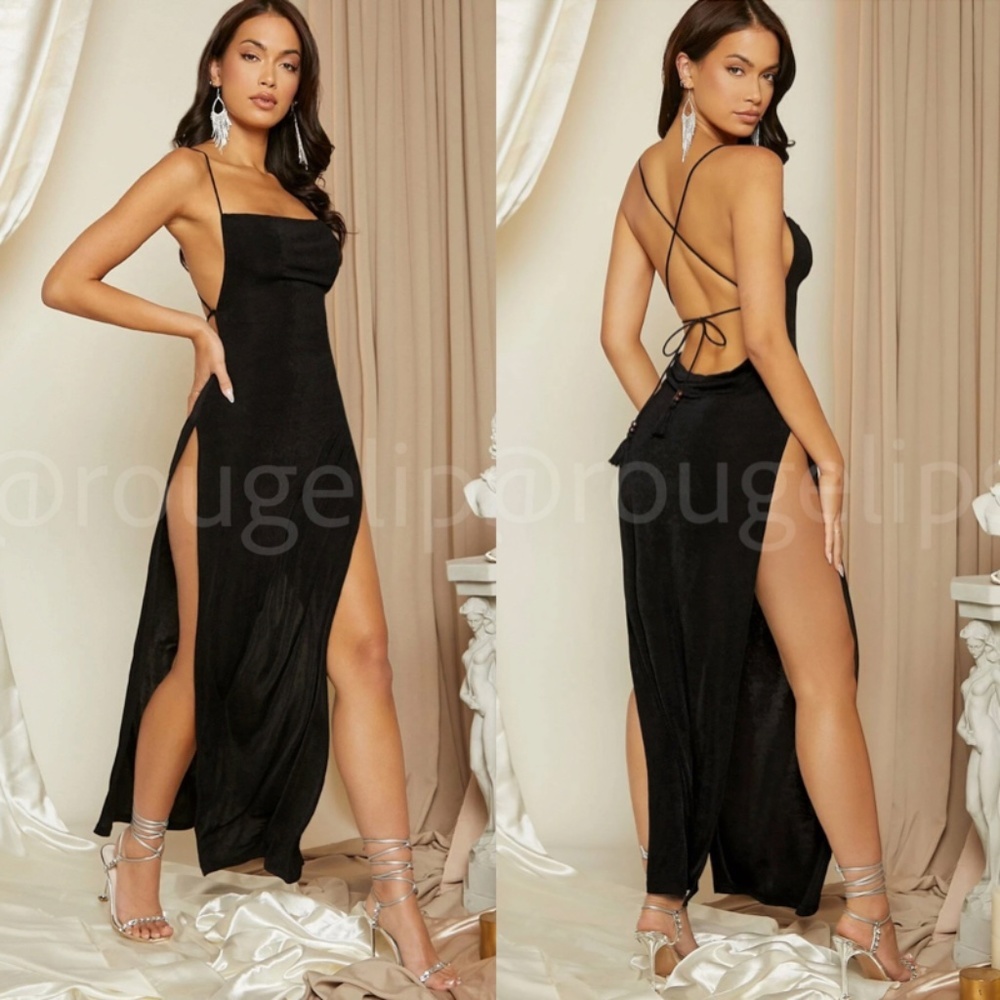 Black Maxi Long Dress Backless Lace Up Ties High Leg Slit Cami